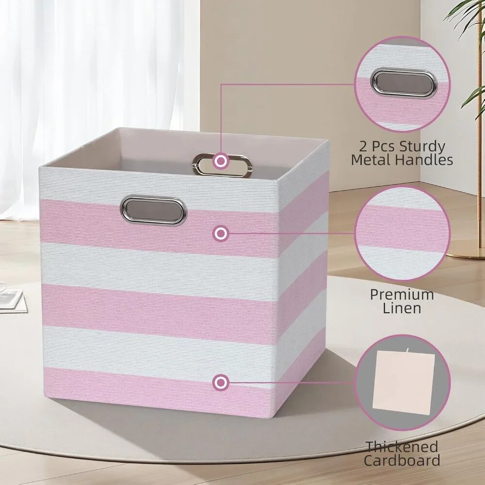 Storage Cube Bins | Set of 4 | Pink & White Stripe | Foldable Fabric Organizers